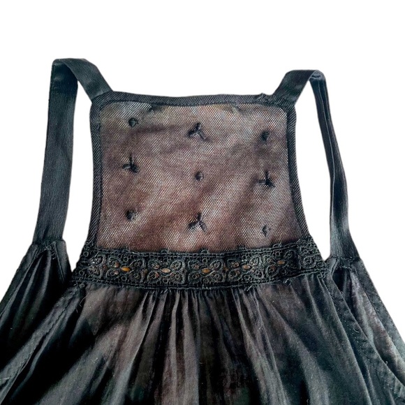 Burning Torch Sleeveless Upcycled Black Mesh & Cotton Eyelet Embroidered Blouse - Picture 3 of 9